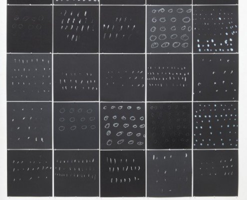 Pierrette Bloch, Avril 2015,25, ensemble de 25 planches sur papier canson noir composé de 24 sérigraphie et 1 original, éd.signée et numérotée, 25 exemplaires, 2015, 35x35cm - 175x175cm©Bernard Chauveau Editeur Le Néant Editeur Paris